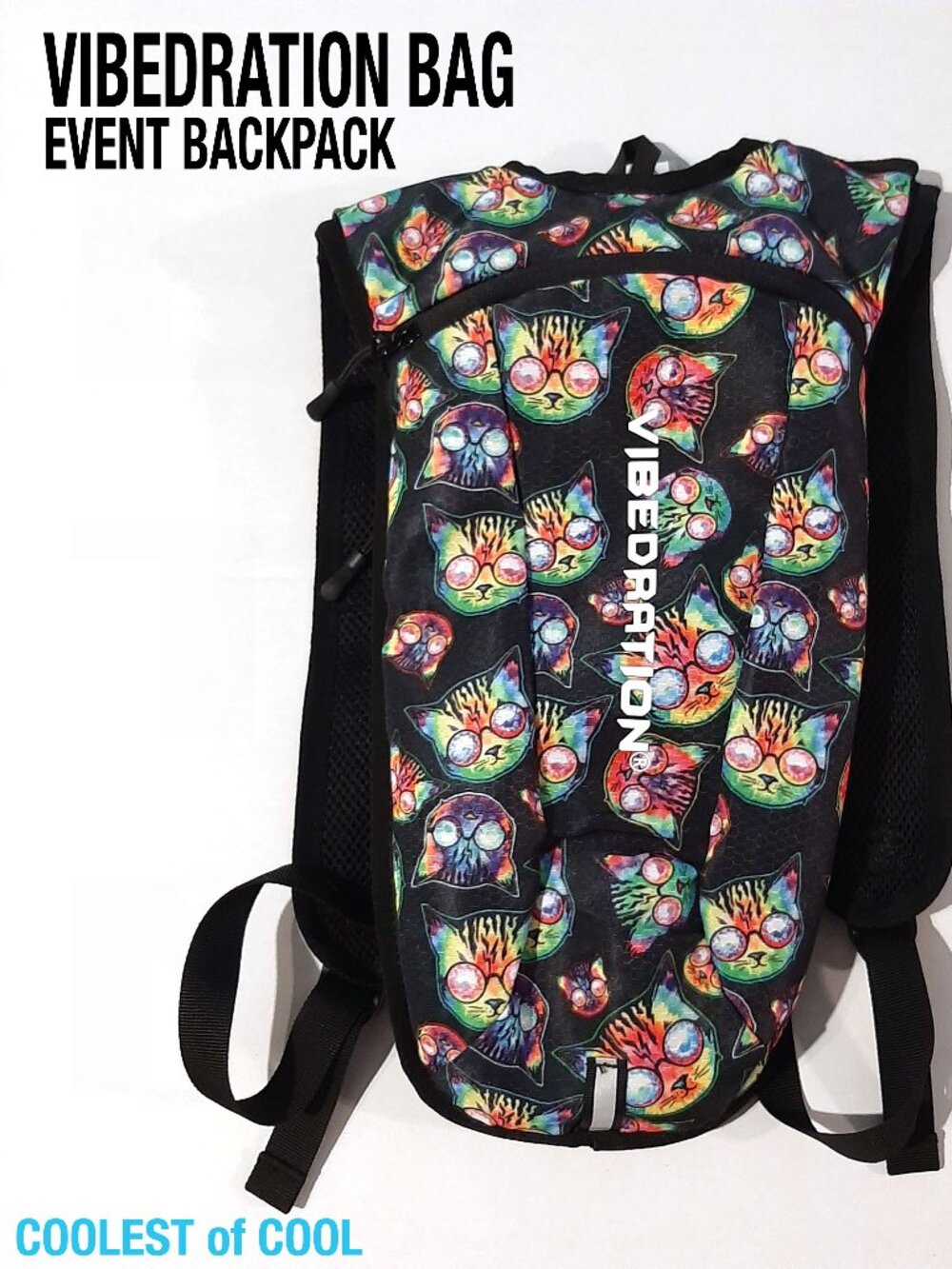 Vibedration hydration h20 event bag backpack cool cat with glasses design